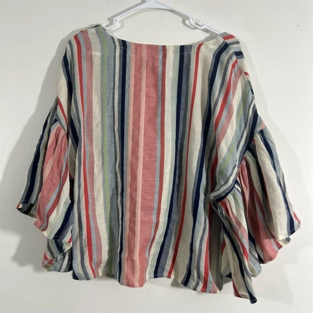 Susina Women's Multicolor Striped Blouse M V-Neck Ruffle Sleeves Casual